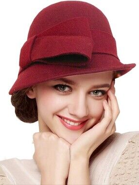 New With Tags Bellady 100% Wool  Dark Red Felt Bow Cloche Hat Adjustable